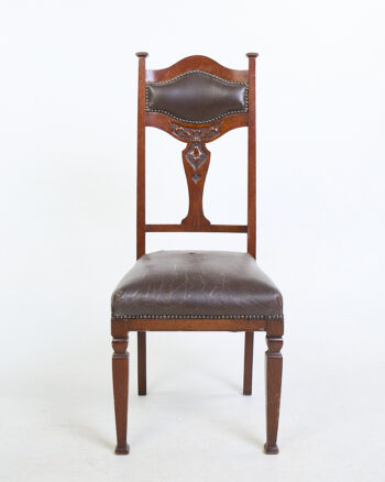 Antique Edwardian Wooden Dining Chair with Leather Upholstery