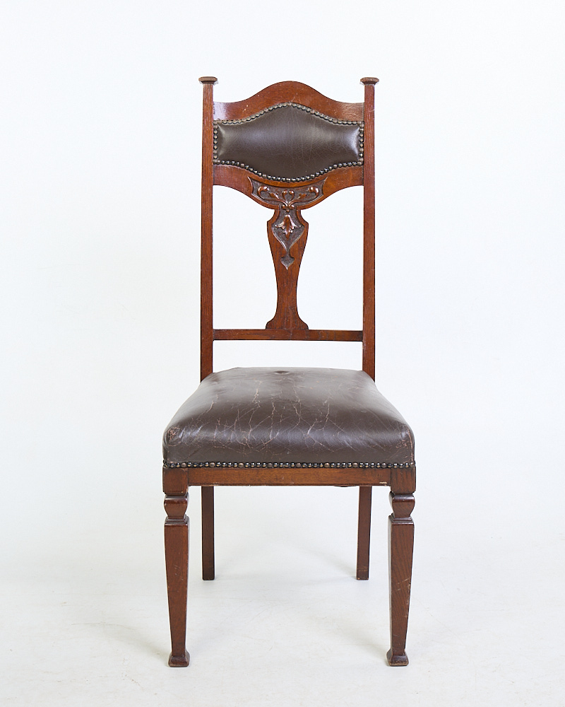 Antique Edwardian Wooden Dining Chair with Leather Upholstery