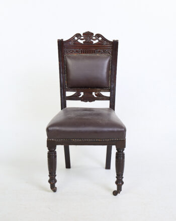 Victorian Carved Wood Dining Chair with Brown Leather Seat