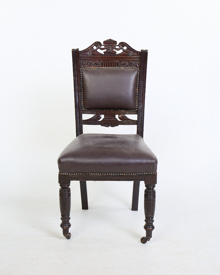 Victorian Carved Wood Dining Chair with Brown Leather Seat