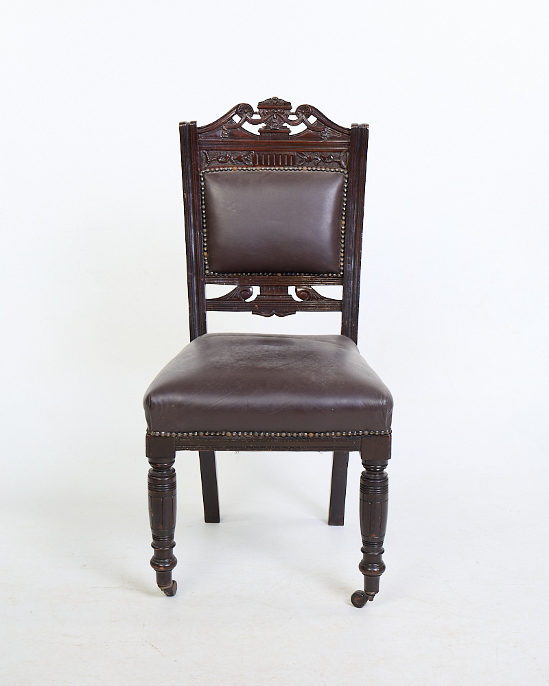 Victorian Carved Wood Dining Chair with Brown Leather Seat