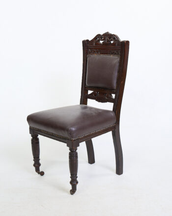 Victorian Carved Wood Dining Chair with Brown Leather Seat