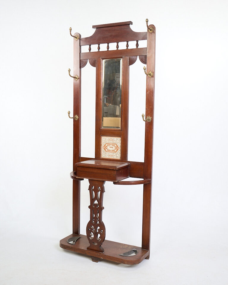 Antique Wooden Hall Stand with Mirror and Ceramic Tile Inset