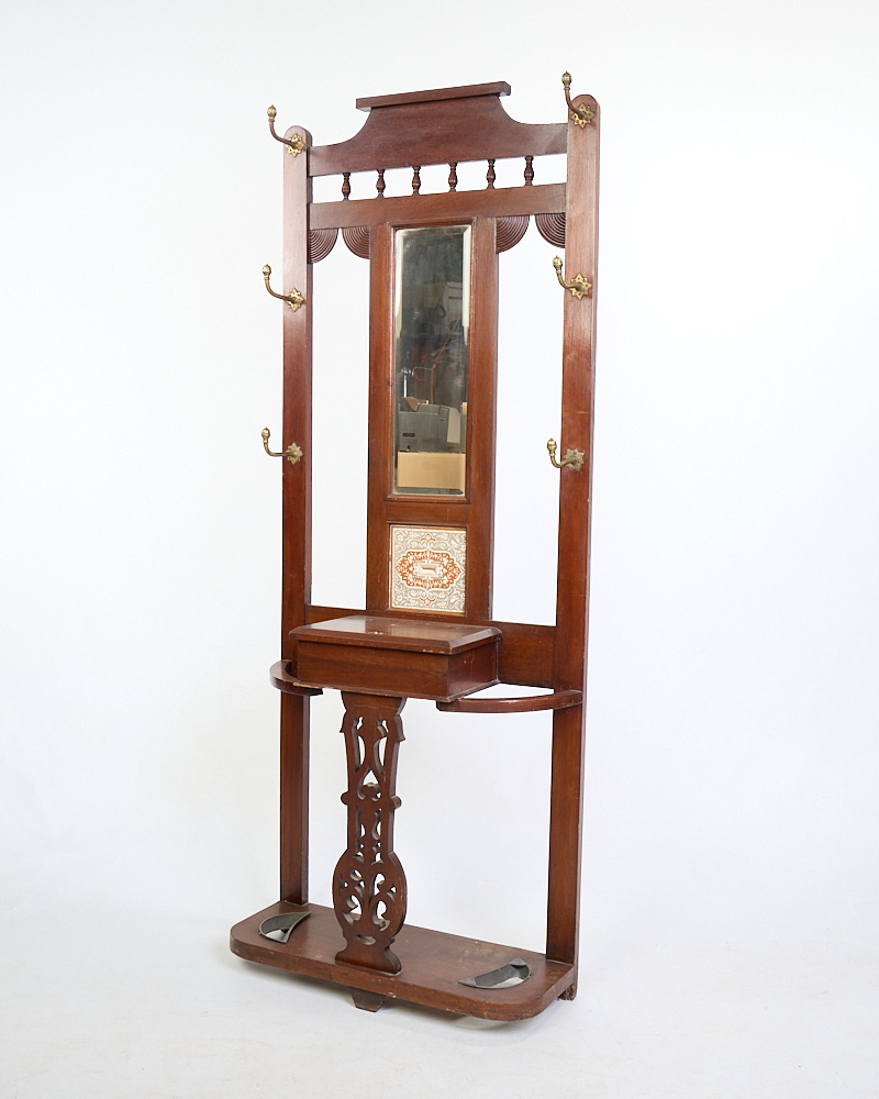 Antique Wooden Hall Stand with Mirror and Ceramic Tile Inset