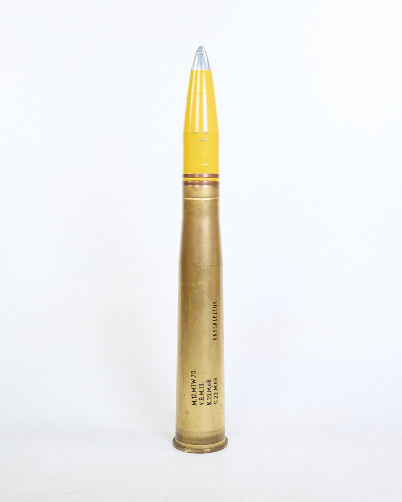 Vintage Inert Artillery Shell with Brass Casing & Yellow Projectile