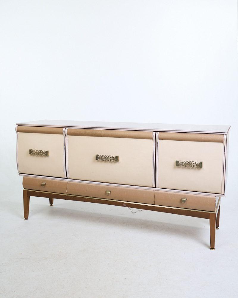 Mid-Century Cream & Gold Sideboard with Decorative Brass Handles
