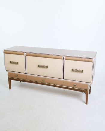Mid-Century Cream & Gold Sideboard with Decorative Brass Handles