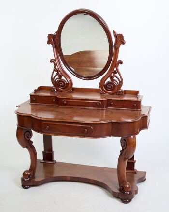 Victorian Ornate Carved Wood Dressing Table with Oval Mirror