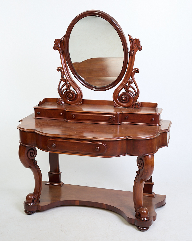 Victorian Ornate Carved Wood Dressing Table with Oval Mirror