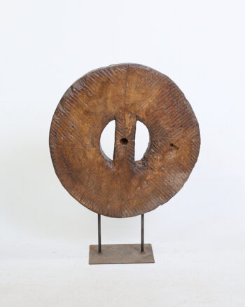 Antique Wood Grinder Wheel with Industrial Metal Stand