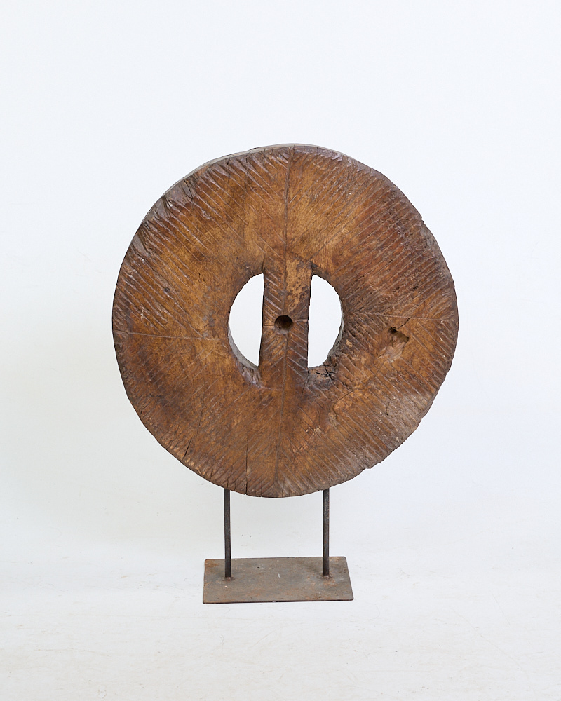 Antique Wood Grinder Wheel with Industrial Metal Stand
