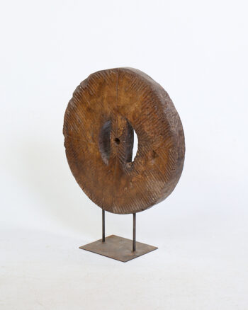 Antique Wood Grinder Wheel with Industrial Metal Stand