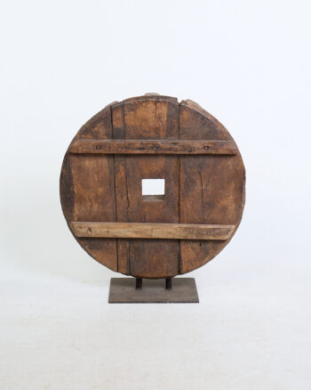 Antique Wooden Cog Wheel with Industrial Metal Stand