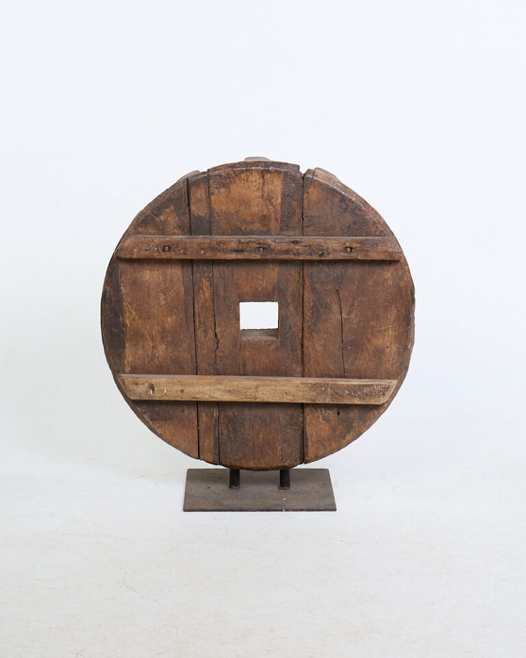 Antique Wooden Cog Wheel with Industrial Metal Stand