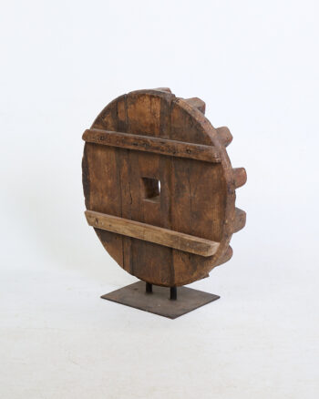 Antique Wooden Cog Wheel with Industrial Metal Stand