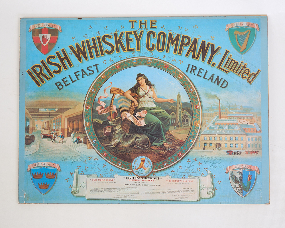 Vintage Irish Whiskey Co. Belfast Advertising Poster with Harp & Wolfhound