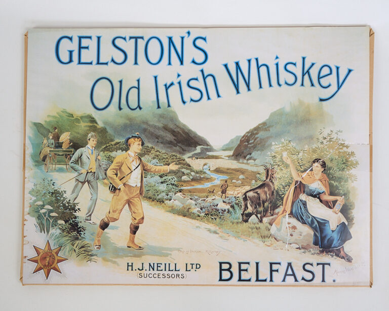 Vintage Gelston's Old Irish Whiskey Advertising Poster with Rural Landscape
