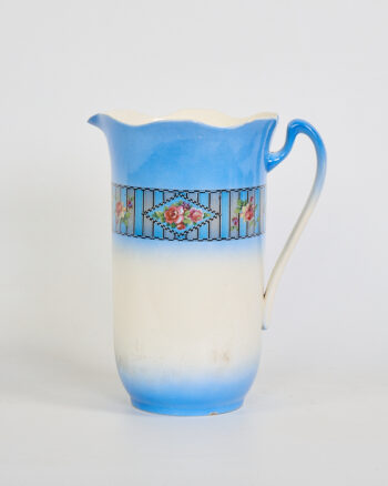 Vintage Ceramic Water Jug with Scalloped Rim and Floral Band