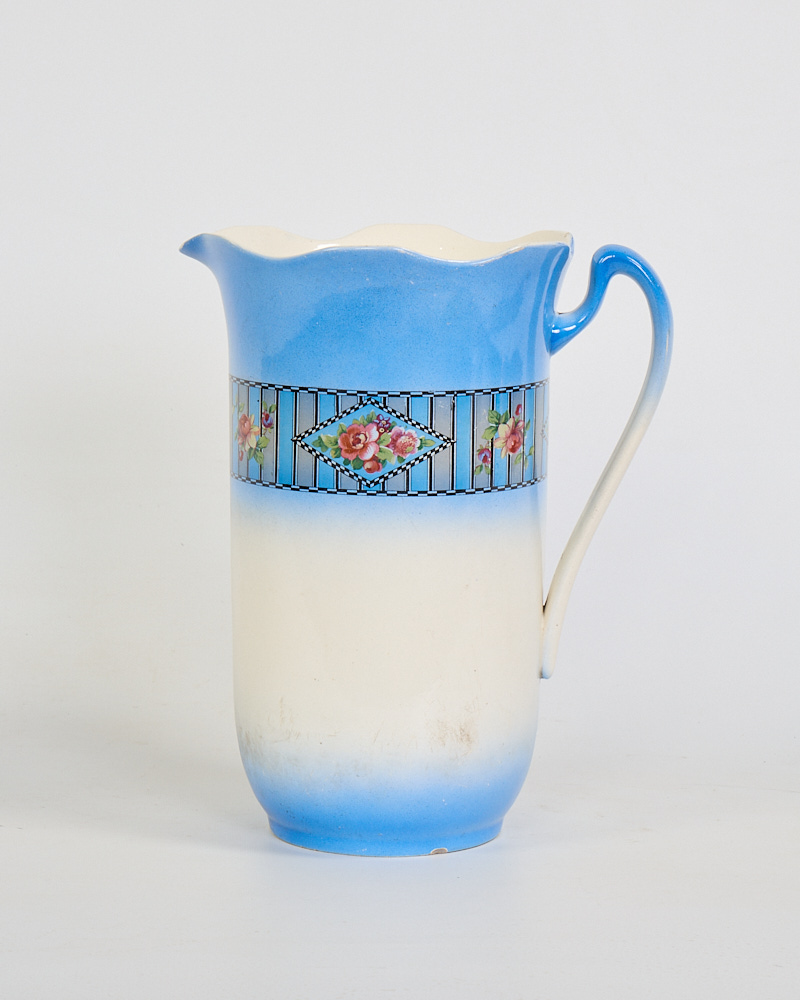 Vintage Ceramic Water Jug with Scalloped Rim and Floral Band