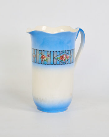 Vintage Ceramic Water Jug with Scalloped Rim and Floral Band