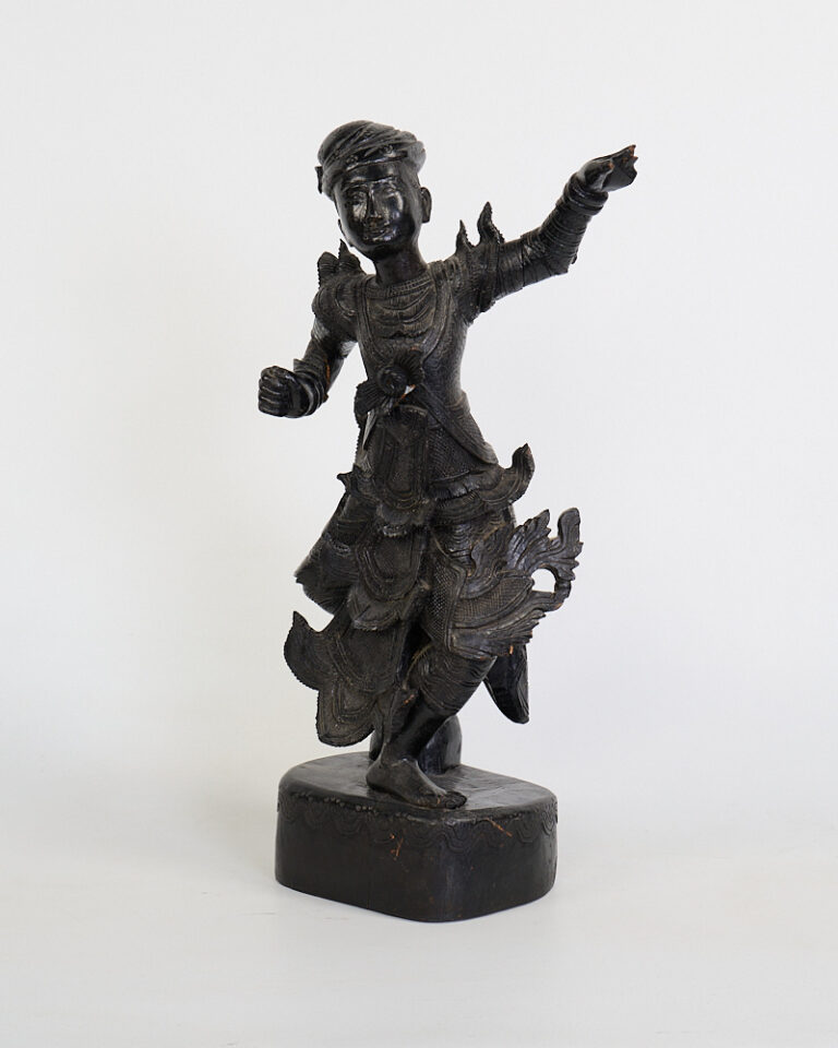 Vintage Burmese Carved Wood Dancer Figure with Elaborate Garments