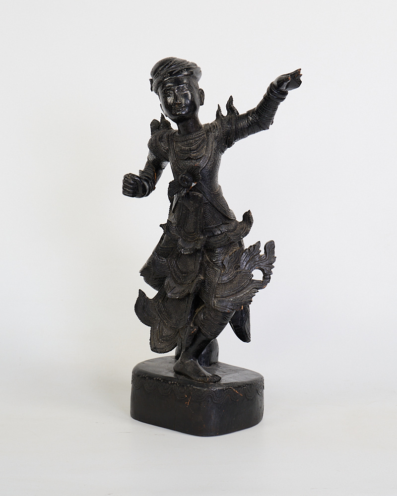 Vintage Burmese Carved Wood Dancer Figure with Elaborate Garments