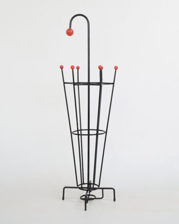 Mid-Century Black Metal Coat and Umbrella Stand with Red Ball Tips