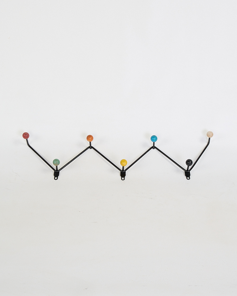 Mid Century Style Metal & Wood Zig-Zag Coat Rack with Multi-Colour Balls