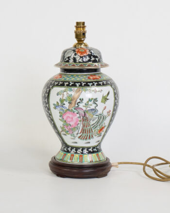 Vintage Oriental Ceramic Ginger Jar Table Lamp with Peacock and Floral Motifs