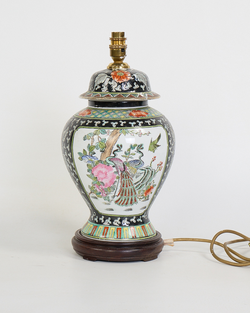 Vintage Oriental Ceramic Ginger Jar Table Lamp with Peacock and Floral Motifs