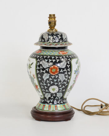 Vintage Oriental Ceramic Ginger Jar Table Lamp with Peacock and Floral Motifs
