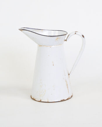 Vintage White Enamel Jug with Blue Rim and Distressed Finish