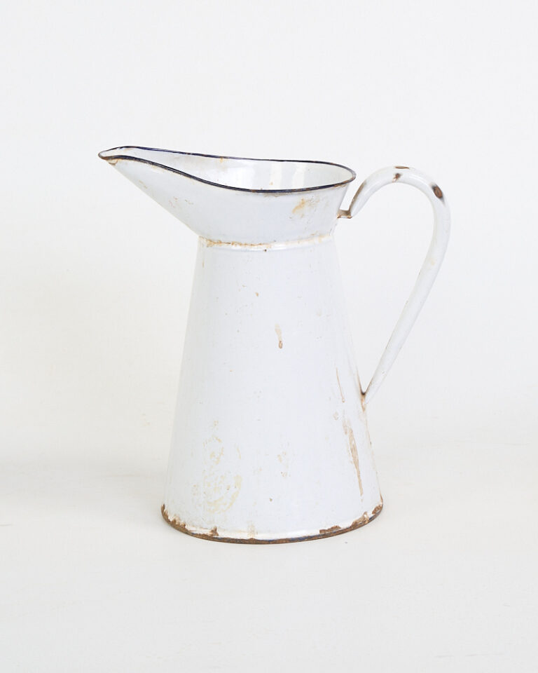 Vintage White Enamel Jug with Blue Rim and Distressed Finish
