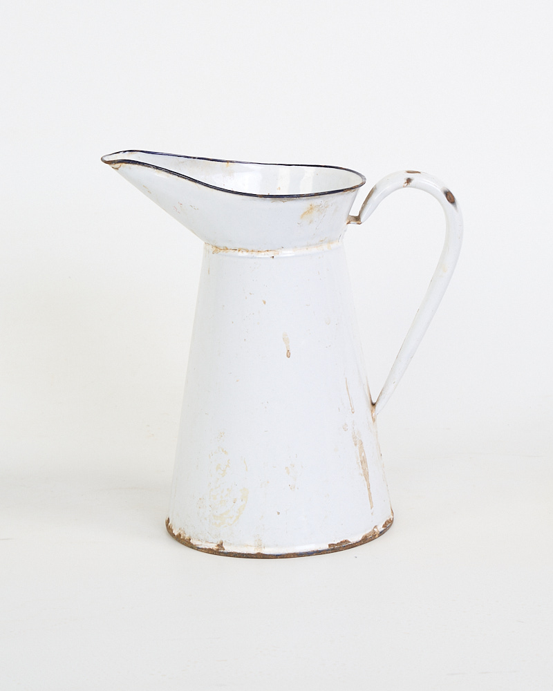 Vintage White Enamel Jug with Blue Rim and Distressed Finish