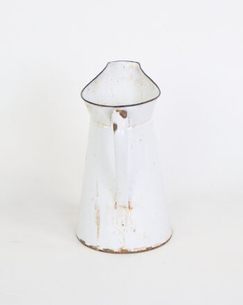 Vintage White Enamel Jug with Blue Rim and Distressed Finish