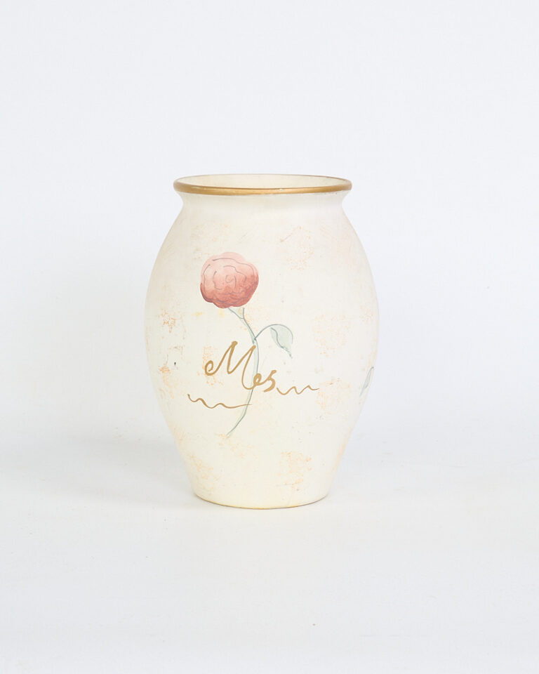 Cream Ceramic Vase with Hand-Painted Rose and Gold Detail