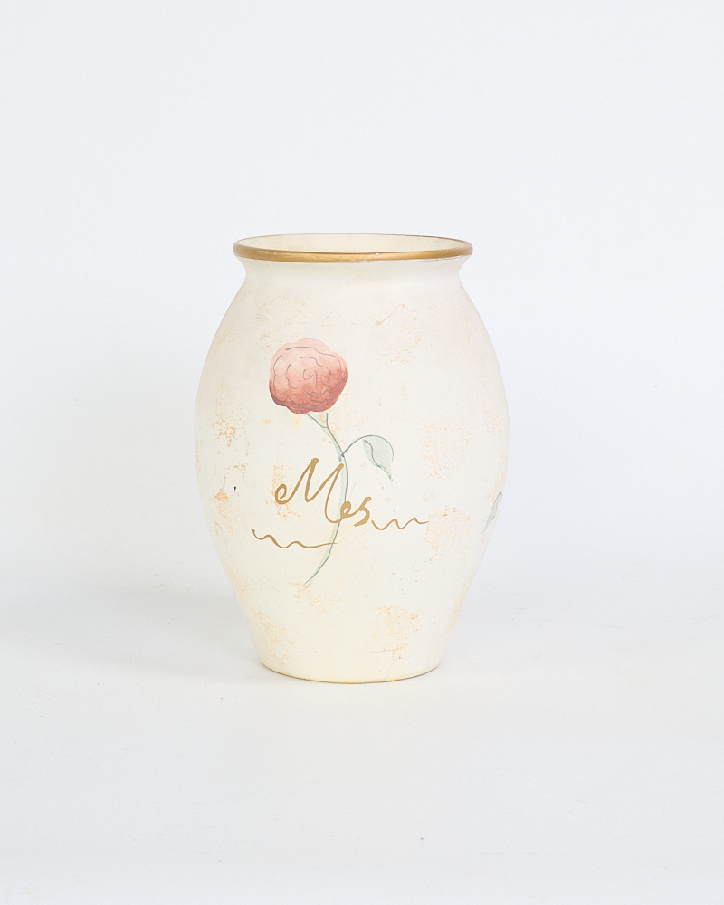 Cream Ceramic Vase with Hand-Painted Rose and Gold Detail