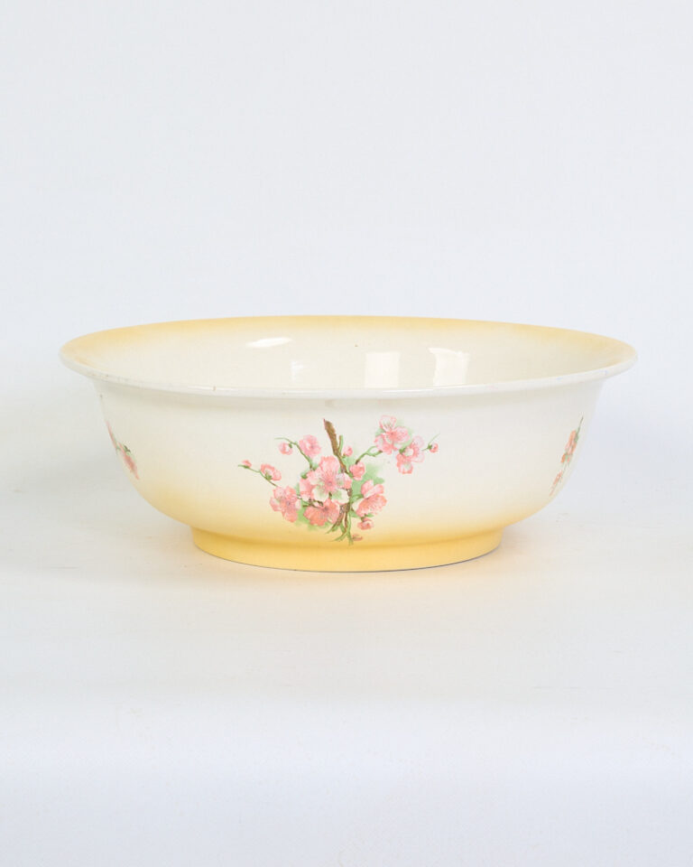 Vintage Cream & Yellow Ceramic Wash Bowl with Pink Blossom