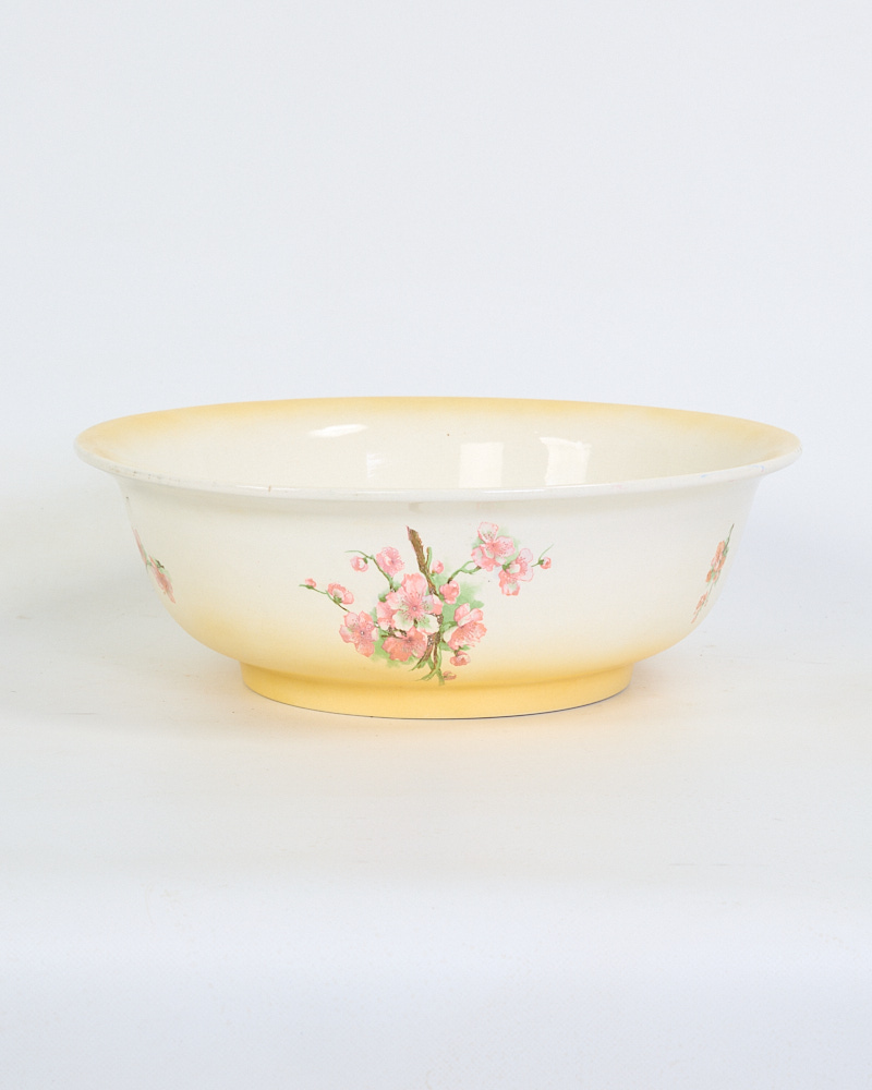 Vintage Cream & Yellow Ceramic Wash Bowl with Pink Blossom