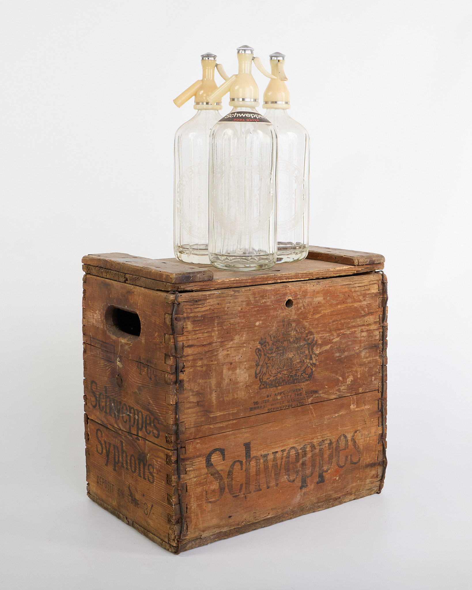 Vintage Schweppes Wooden Crate with Glass Siphons & Metal Fittings