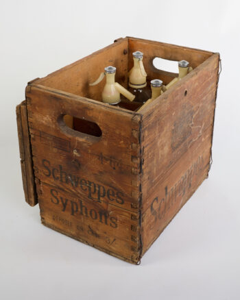 Vintage Schweppes Wooden Crate with Glass Siphons & Metal Fittings