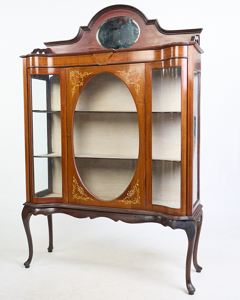 Antique Edwardian Inlaid Wood Glass Display Cabinet