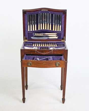 Antique Georgian Mahogany Cutlery Cabinet with Full Silverware Set