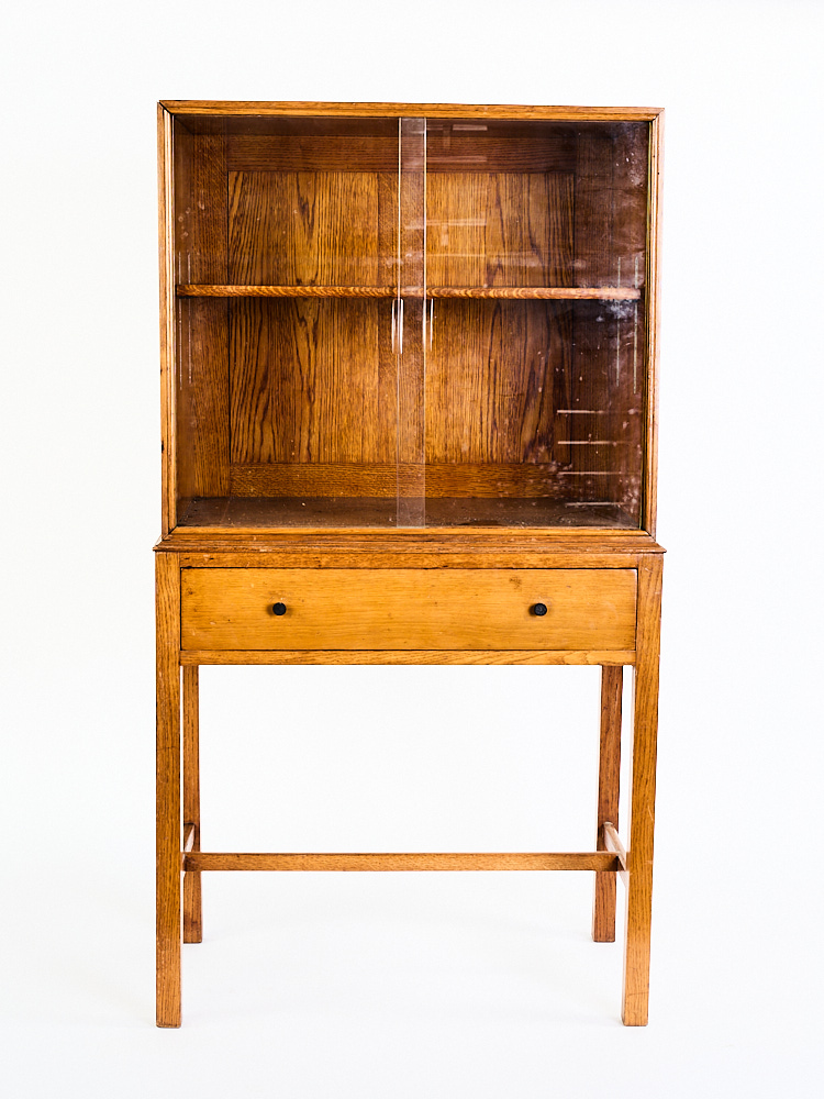 Vintage Oak & Glass Display Cabinet with Single Drawer
