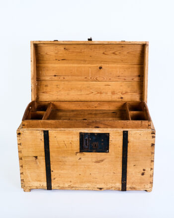 Antique Pine Wood Storage Chest with Iron Straps and Rounded Lid