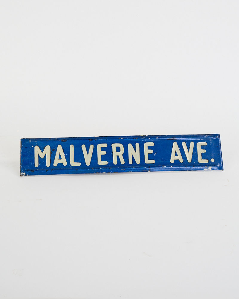 Vintage Enamel Street Sign Malverne Ave. with Blue and White Finish