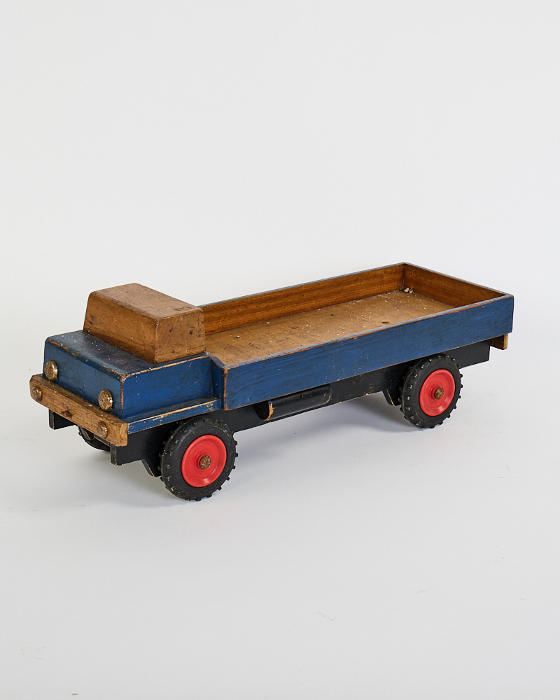 Vintage Wooden Toy Flatbed Truck with Blue Paint Finish