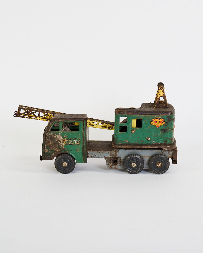 Vintage Green Metal Toy Crane Truck with Working Boom