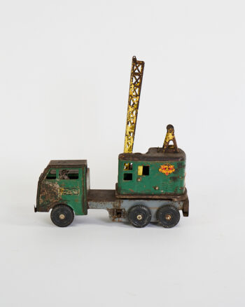 Vintage Green Metal Toy Crane Truck with Working Boom