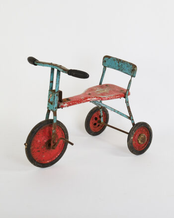 Vintage Metal Child’s Tricycle Scooter with Red and Blue Patina